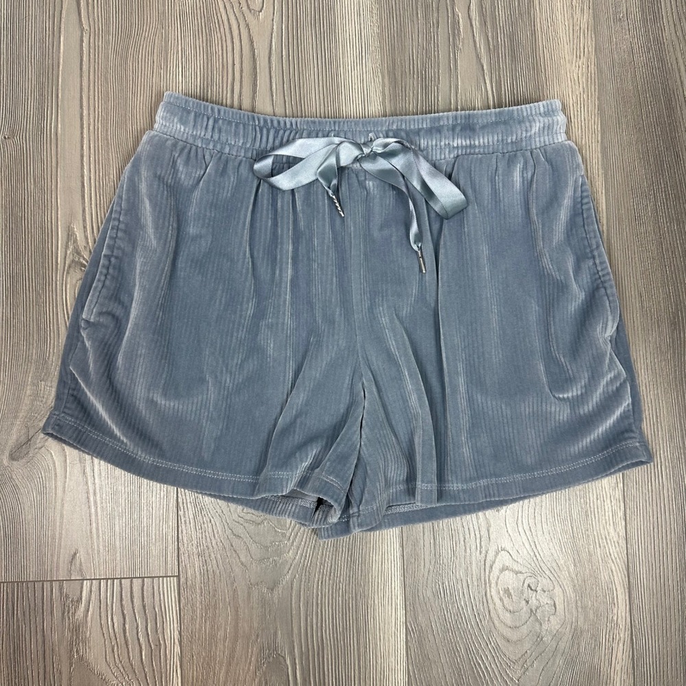 Blue Gray Velour Ribbed Sleep Shorts with Ribbon Drawstring Tie - SIZE M